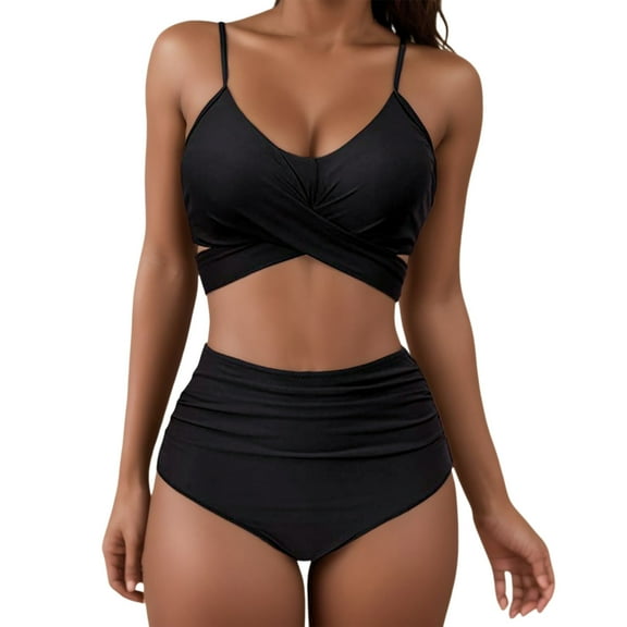 Siilsaa Women Wrap Bikini Set Push Up High Waisted 8 Piece Swimsuits Black,S