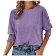 thumbnail image 1 of Siilsaa Women's 2024 Fashion Tops 3/4 Sleeve T-Shirts Cute Crewneck Basic Business Tees Blouses Purple,L, 1 of 5