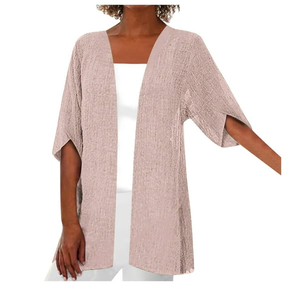 Siilsaa Women's Cardigans Cardigan Sweaters for women Lightweight Open Front Pleated Short Sleeve Cardigans Sweater Pink,L