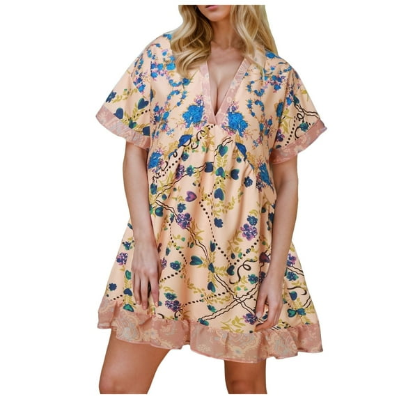 Siilsaa Women's Casual Dresses Womens Summer Wrap Maxi Dress Casual Floral Short Sleeve Ruffle Hem Split Beach Long Dresses Beige,L