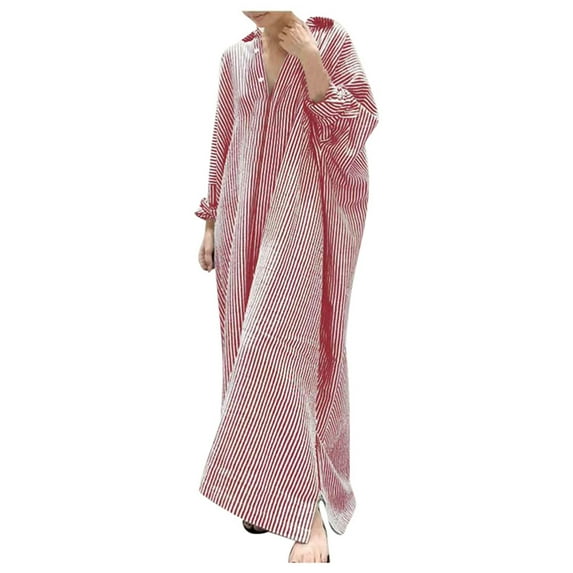Siilsaa Women's Casual Long Sleeve Button Down Loose Striped Cotton Maxi Shirt Dress RD1,2XL