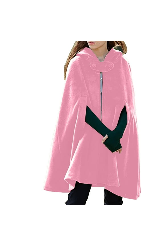 Women's Cloak Hood Wool-Blend Cape Coat Winter Cardigans Plus Size Thick Coat Solid/Classic Scotland Plaid Jackets Pink,XL