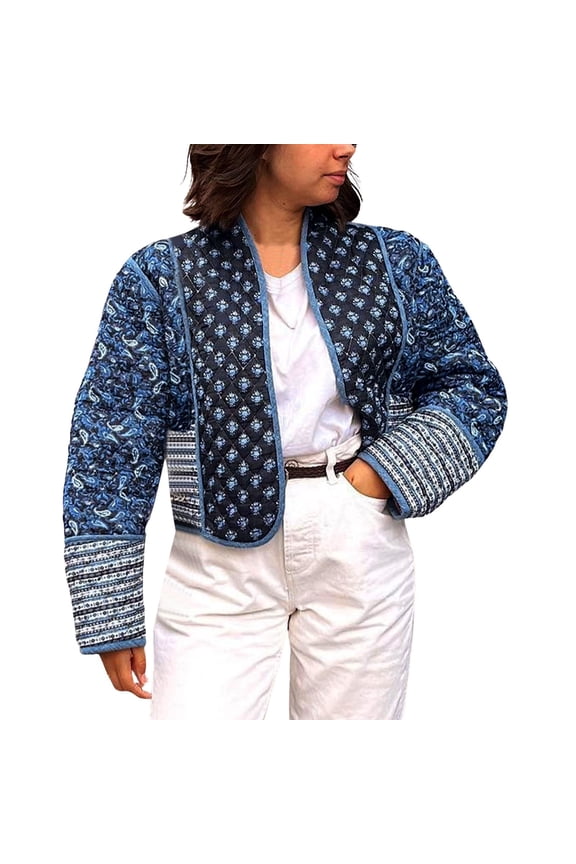 Women's Cropped Puffer Quilted Jacket Cardigan Floral Printed Lightweight Long Sleeve Open Front Short Padded Coats Blue,L