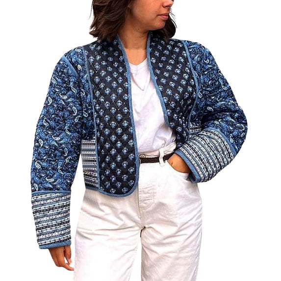 Siilsaa Women's Cropped Puffer Quilted Jacket Cardigan Floral Printed Lightweight Long Sleeve Open Front Short Padded Coats Blue,S