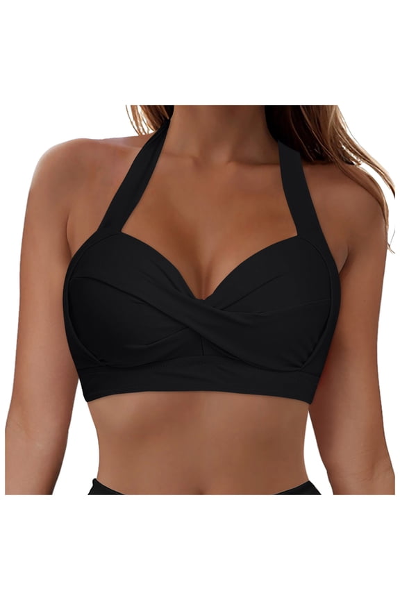 Women's Cut Out Tie Knot Halter Swimwear Triangle Bikini Top Black,S
