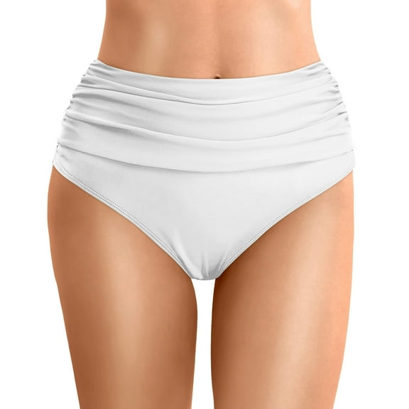 Siilsaa Women's High Waisted Bikini Bottom Tummy Control Ruched Bathing Suit Swim Bottom White,M