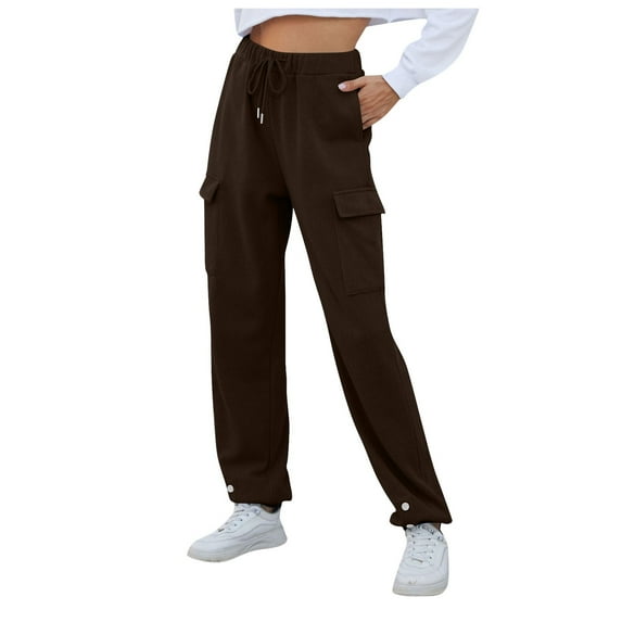 Siilsaa Women's High Waisted Workwear Sports Pants Casual Bottom Jogging Pants Loose Drawstring Tapered Trousers With Pockets Z02-Coffee,XL