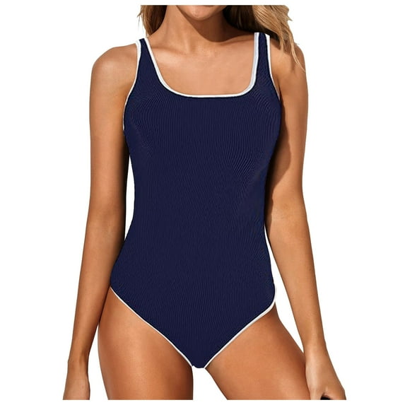 Siilsaa Women's One Piece Swimsuit Sports Adjustable Strap Bathing Suit Color Block Ribbed High Cut Swimsuits Dark Blue,M