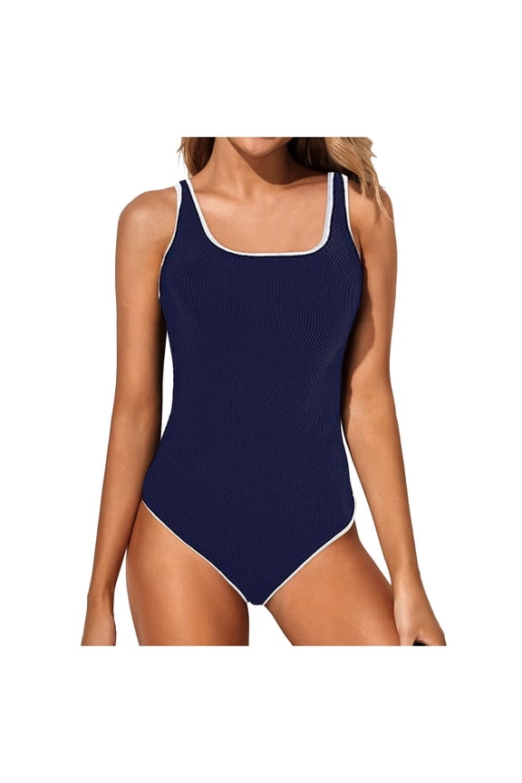 Women's One Piece Swimsuit Sports Adjustable Strap Bathing Suit Color Block Ribbed High Cut Swimsuits Dark Blue,S