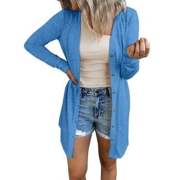 Siilsaa Women's Open Front Lightweight Cardigan Long Sleeve Button Down Loose Outwear Blue,XL