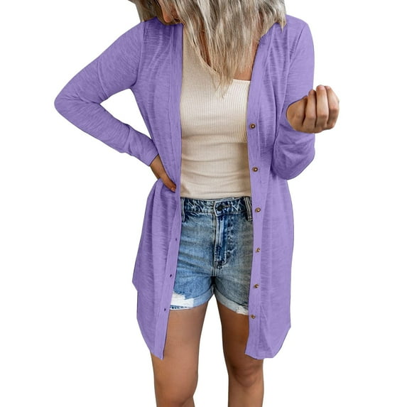Siilsaa Women's Open Front Lightweight Cardigan Long Sleeve Button Down Loose Outwear Purple,L