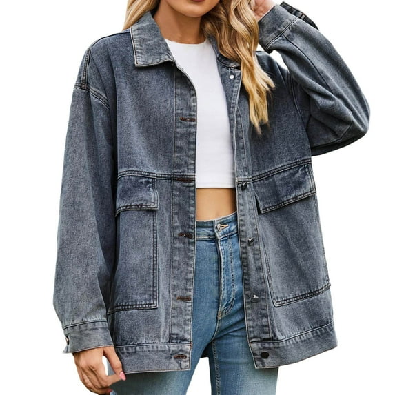 Siilsaa Women's Oversized Denim Jacket Casual Long Sleeve Vintage Jean Jacket Top Coat with Pockets Light Blue,2XL