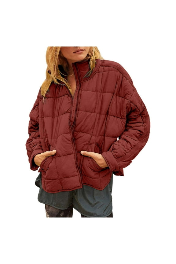 Women's Oversized Lightweight Puffer Jackets Long Sleeve Zipper Short Down Coat with Pockets Red,S