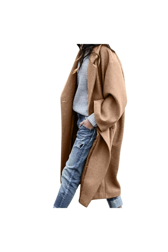 Women's Oversized Notched Collar Wool Blend Single Breast Midi Long Trench Coat Coffee,M