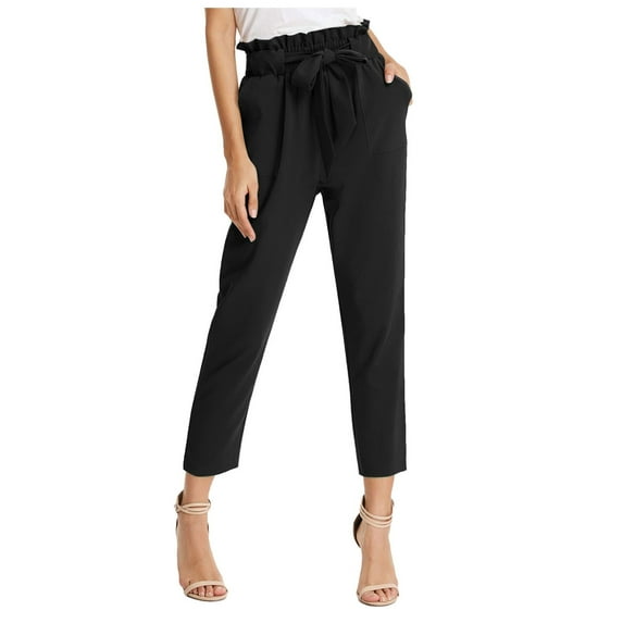 Siilsaa Women's Pants Elastic High Waist Belted Casual Pencil Dressy Paper Bag Pants with Pocket Black,XL