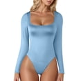 thumbnail image 1 of Siilsaa Women's Sexy Square Neck Bodysuit Long Sleeve Double Lined Shirt Tops Blue,S, 1 of 5