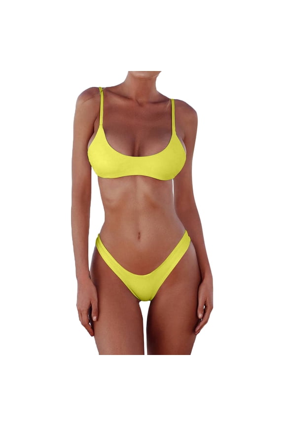 Women's Solid Scoop Neck Push up Padded Brazilian Thong Bikini Swimsuit Bathing Suit Yellow,XL