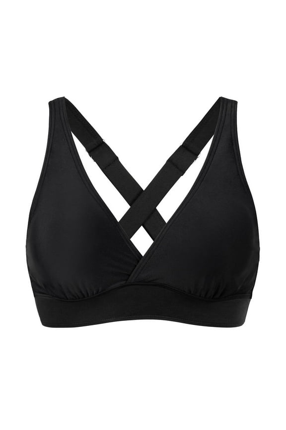 Women's Sporty Adjustable Wide Straps Bikini Top Large Bust Criss Cross Back Supportive Swimsuit Tops Only Black,L