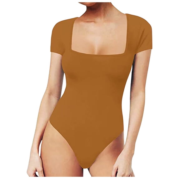 Siilsaa Women's Square Neck Bodysuit Short Sleeve Shirt Tops Gold,L