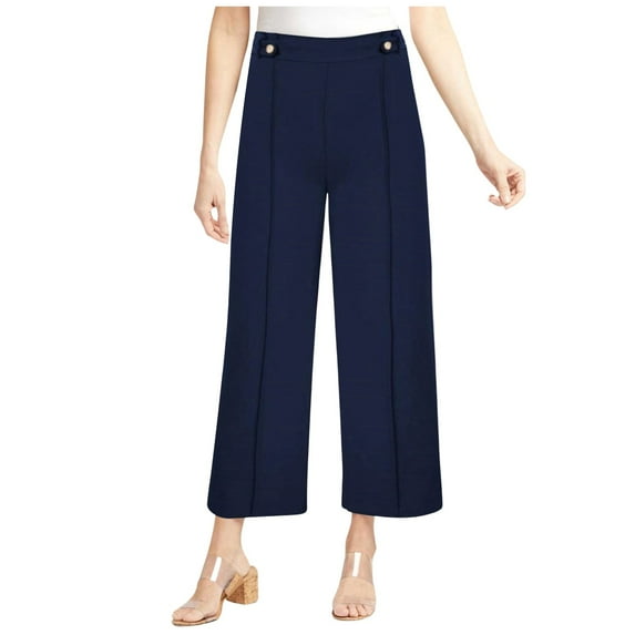 Siilsaa Women's Straight Leg Cropped Work Pants Elastic High Waist Wide Leg Business Casual Slacks with Pocket Dark Blue,L