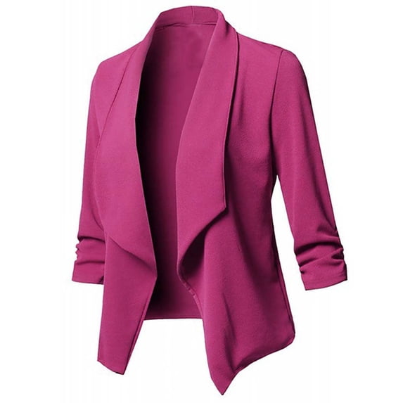 Siilsaa Women's Stretch 3/4 Gathered Sleeve Open Blazer Jacket Hot Pink,XL