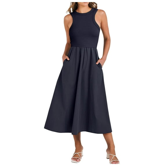 Siilsaa Women's Summer Casual Sleeveless Midi Sundress Patchwork Knit High Neck Tank Top Racerback Flowy Dresses Pockets Navy,S