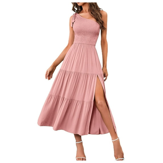 Siilsaa Women's Summer One Shoulder Sleeveless Knot Smocked Midi Dress Split Tiered Flowy Dresses Pink,S
