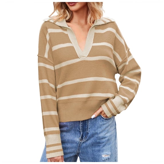 Siilsaa Women's Sweater Long Sleeve Sweaters for Women Fashion V Neck Waffle Knit Sweater Tops Fall 2024 Outfits Loose Pullover Khaki,M