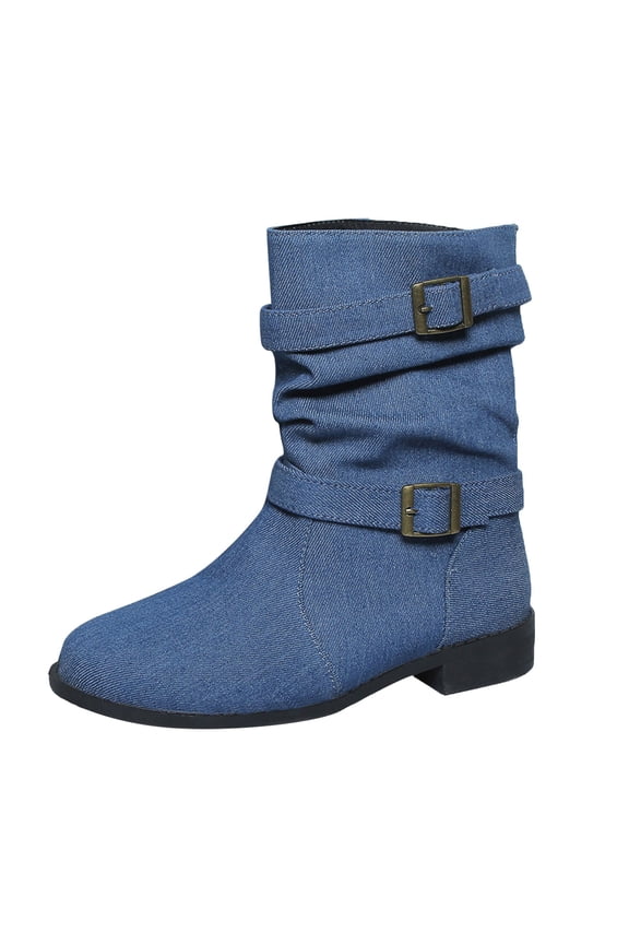 Women's Tie Knot Chelsea Pump Ankle Boots Closed Toe Stacked Heel Booties Shoes Blue,8