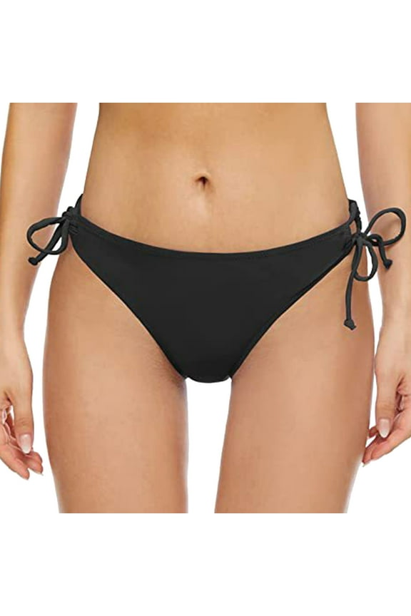 Women's Tie Side Bikini Bottoms Mid Rise String Bathing Suits Bottom Black,L