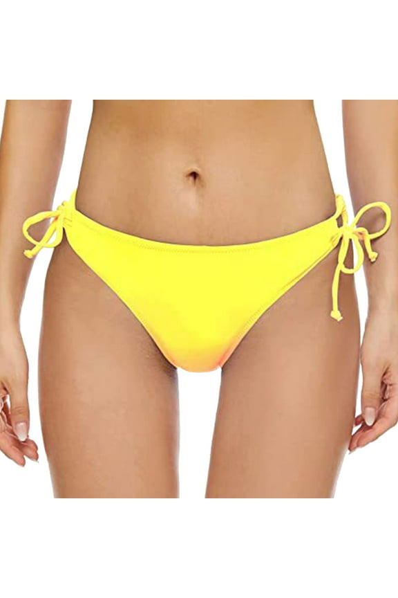 Women's Tie Side Bikini Bottoms Mid Rise String Bathing Suits Bottom Yellow,XS