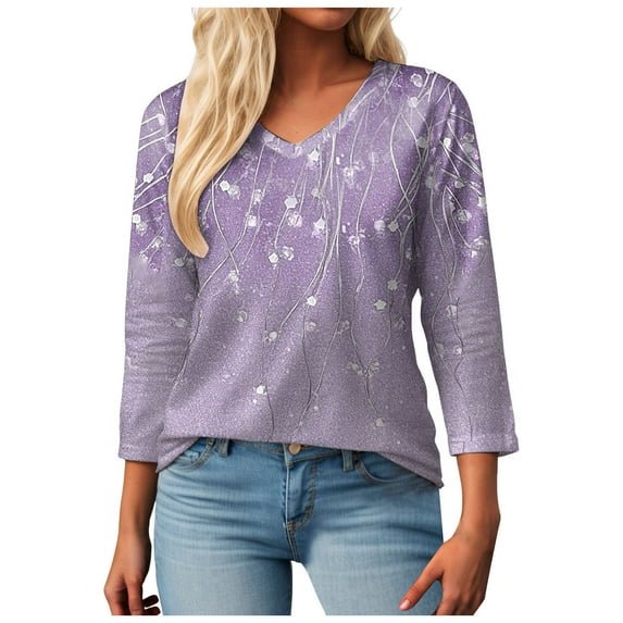 Siilsaa Women's V Neck 3/4 Sleeve Tops Casual Shirts Basic Summer Tees Light Purple,XXXXL