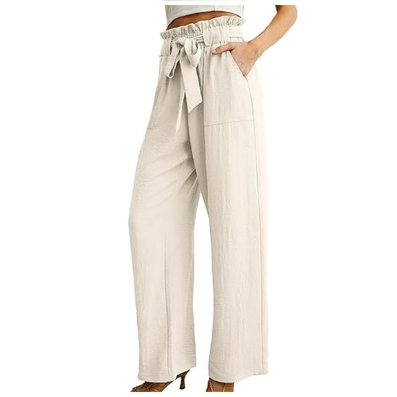 Siilsaa Women's Wide Leg Pants with Pockets High Waist Adjustable Knot Loose Casual Trousers Business Work Casual Pants White,M