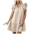 thumbnail image 1 of Siilsaa Womens 2024 Summer V-Neck Drawstring Ruffle Cap Short Sleeve Side Pockets Mini Dress Sundress Beige,XL, 1 of 5