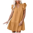 thumbnail image 1 of Siilsaa Womens 2024 Summer V-Neck Drawstring Ruffle Cap Short Sleeve Side Pockets Mini Dress Sundress Khaki,XL, 1 of 5