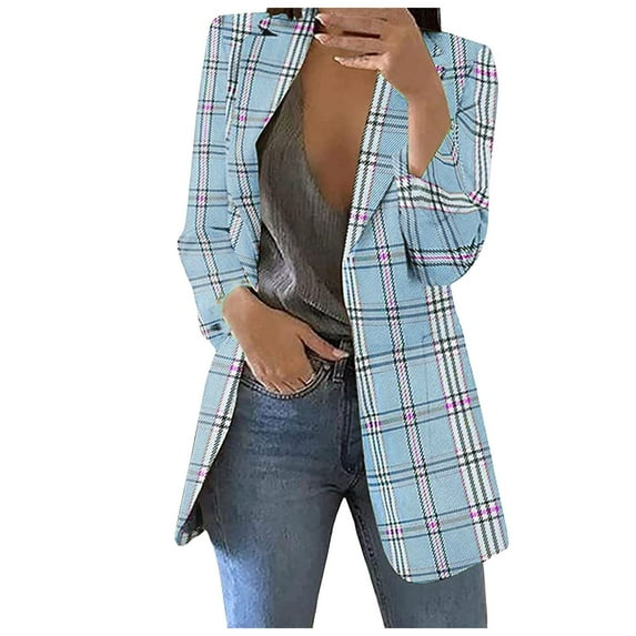 Siilsaa Womens Cardigan Blazers Jackets Long Sleeve Slim Plaid Jacket Casual Lightweight Comfy Coat with Pockets Plus Size Business Work Office Blazer Outwaear Blouse Light Blue,L
