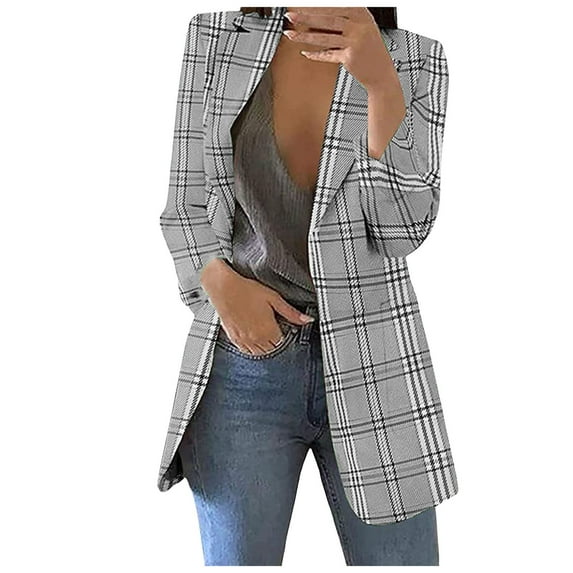 Siilsaa Womens Cardigan Blazers Jackets Long Sleeve Slim Plaid Jacket Casual Lightweight Comfy Coat with Pockets Plus Size Business Work Office Blazer Outwaear Blouse Grey,3XL