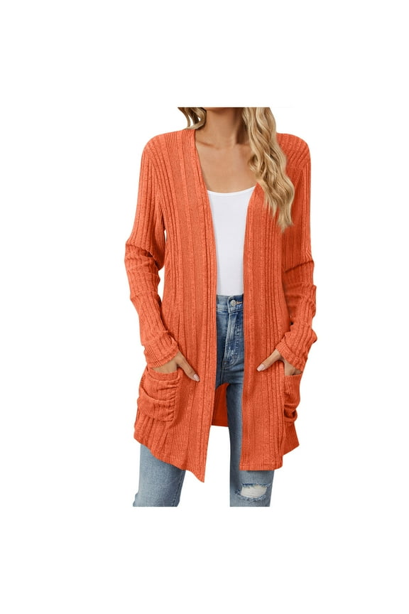 Womens Cardigan Open Front Button Down Long Sleeve Pockets Knit Cardigan Sweaters Orange,S