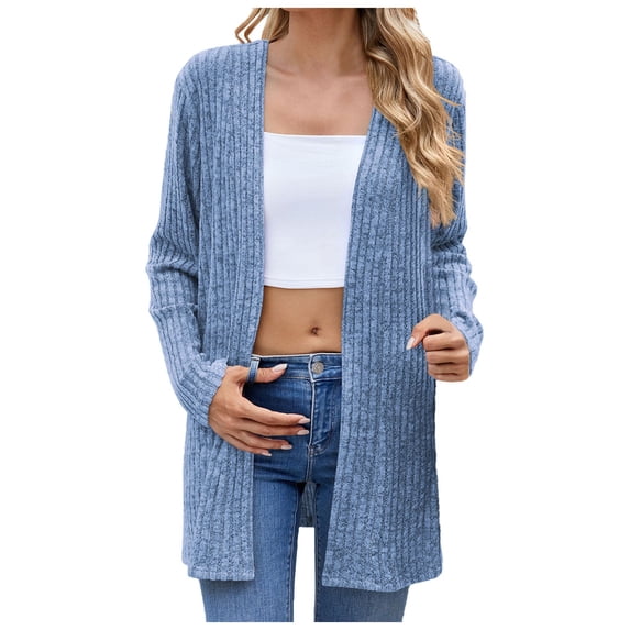 Siilsaa Womens Cardigans Open Front Button Down Long Sleeve Pockets Knit Cardigan Sweaters Blue,M