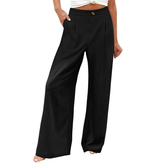 Siilsaa Womens Cotton Linen Pants Casual Button Up High Waisted Wide Leg Trousers Black,S