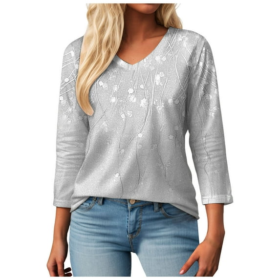 Siilsaa Womens Crew Neck 3/4 Sleeve Tops Basic Button T-Shirts Solid Loose Cute Tunic Tee Blouses Fit Pullover Light Gray,S