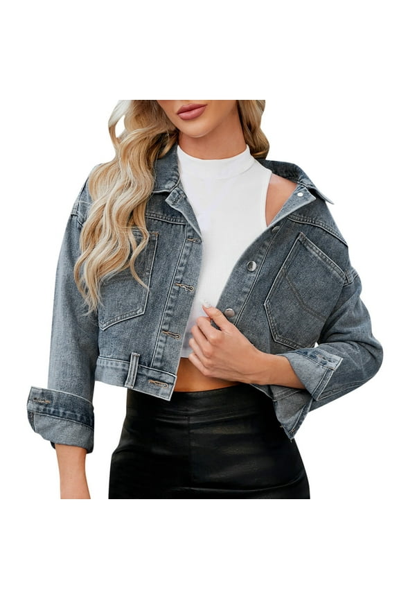 Womens Denim Jacket Womens Cropped Jacket Button Down Varsity Jackets Shackets With Pockets Blue,S
