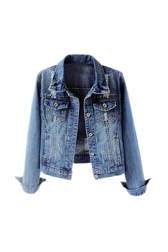 Womens Denim Jackets Distressed Ripped Long Sleeve Jean Jacket Coats Dark Blue,2XL