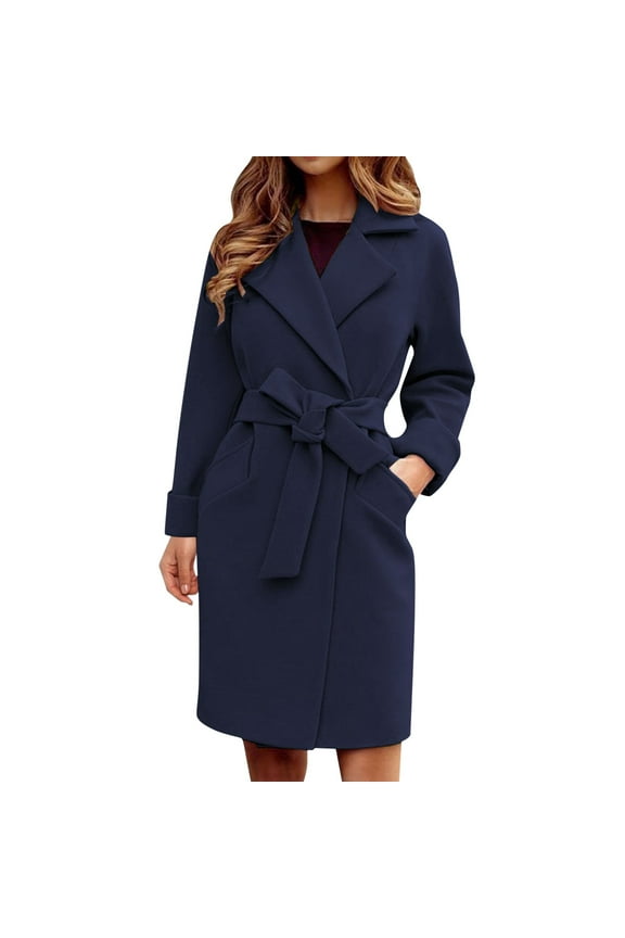 Womens Fall Fashion 2024 Women's Belted Wrap Outerwear Shawl Collar Asymmetric Hem Plaid Coat Navy,XL