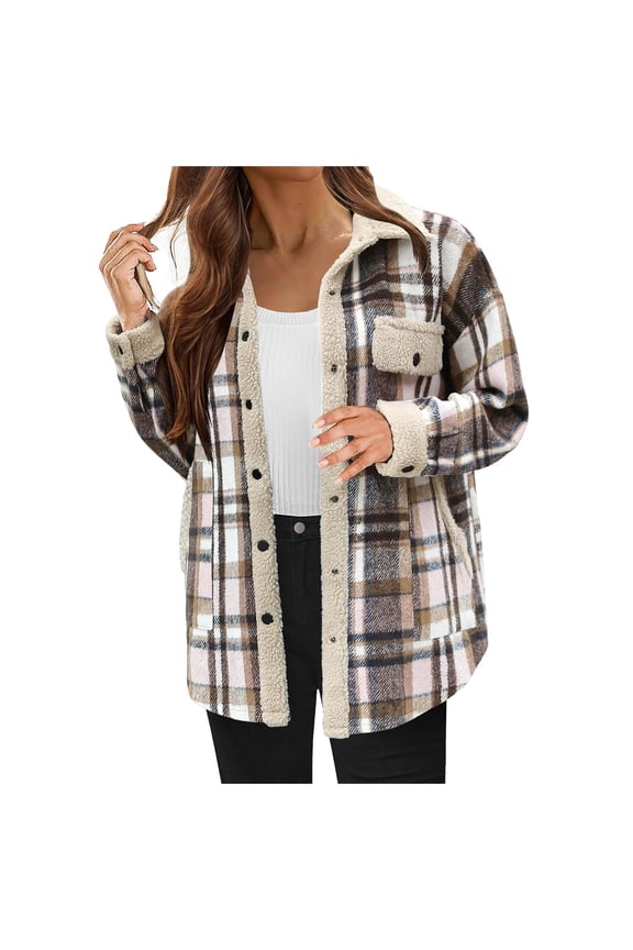 Womens Fuzzy Fleece Lined Jacket Flannel Plaid Shirts Long Sleeve Button Down Sherpa Coats 2024 Fall Outfits Light Pink,2XL