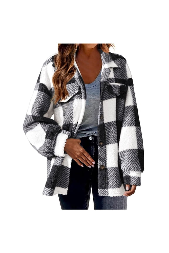 Womens Fuzzy Fleece Plaid Shacket Jacket Buffalo Plaid Flannel Sherpa Puffer Coat Button Down Sherpa Shacket Black,2XL