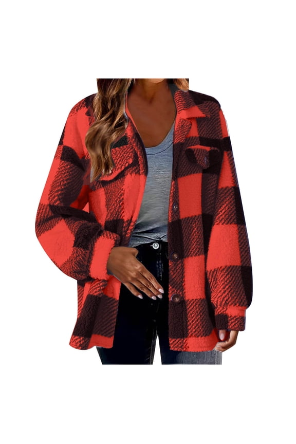 Womens Fuzzy Fleece Plaid Shacket Jacket Buffalo Plaid Flannel Sherpa Puffer Coat Button Down Sherpa Shacket Orange,M