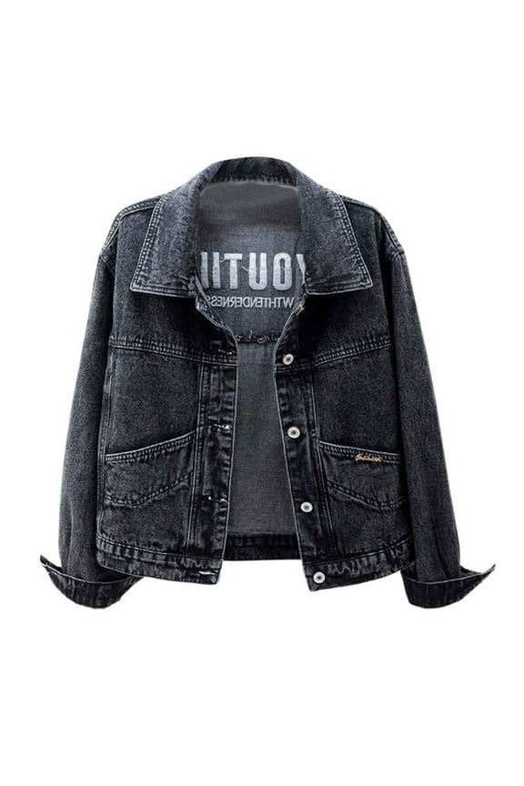 Womens Jean Jacket Jean Jacket Women Cargo Womens Fashion 2024 Jackets for Women Cropped Button Womens Fall Clothes Trendy Casual Black,S