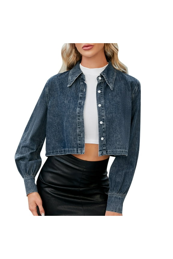 Womens Jean Jacket Womens Long Sleeve Button Down Lapel Collar Plaid Shacket Jacket Blue,L