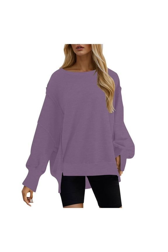 Womens Oversized Reverse Seam Sweatshirt Casual Long Sleeve Crewneck Lightweight Pullover Tops Loose Sweatshirts Purple,2XL